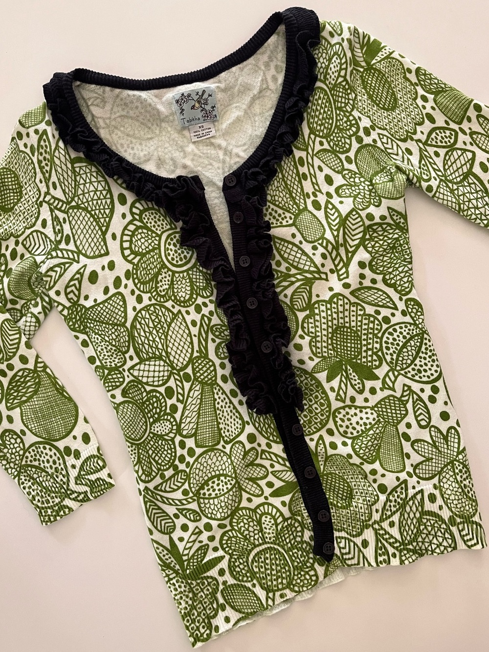 Tabitha Anthropologie Y2K Green Floral Cardigan, Navy Ruffle Trim- XS - Like New